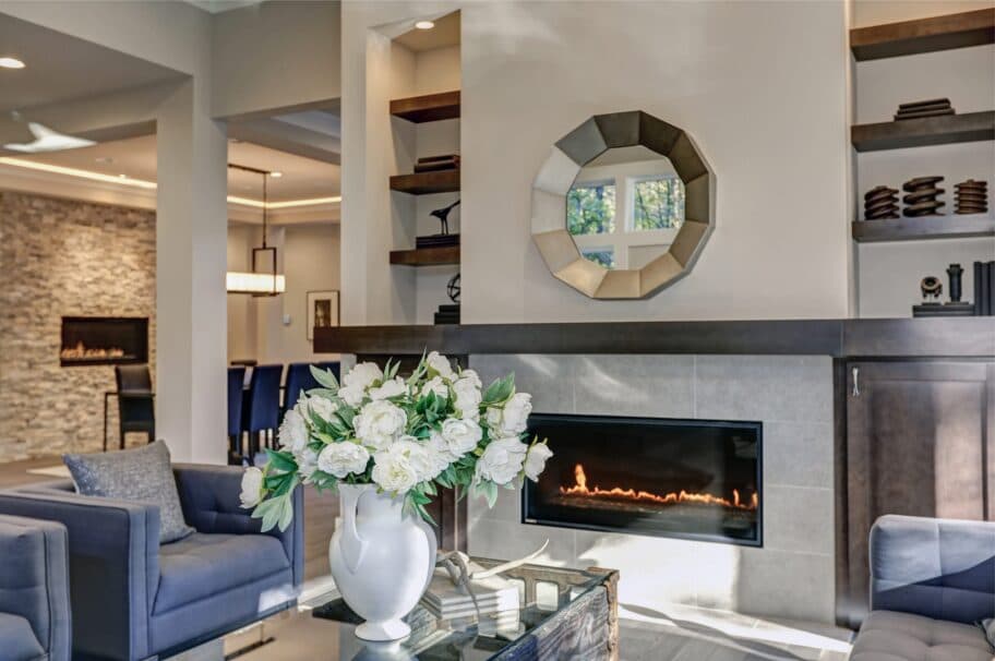 Linear gas fireplace alight in a modern living room